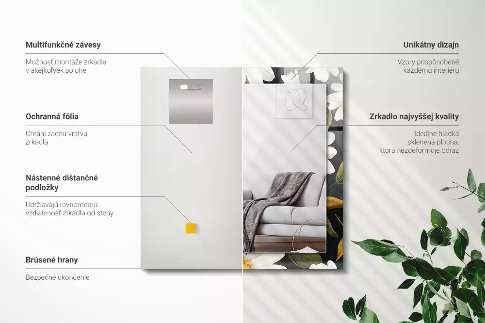 Miroir avec imprimé rectangulaire Marguerites blanches feuilles