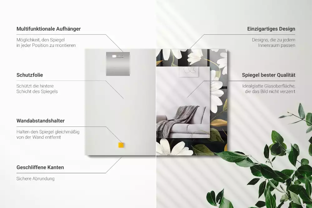 Miroir avec imprimé rectangulaire Marguerites blanches feuilles