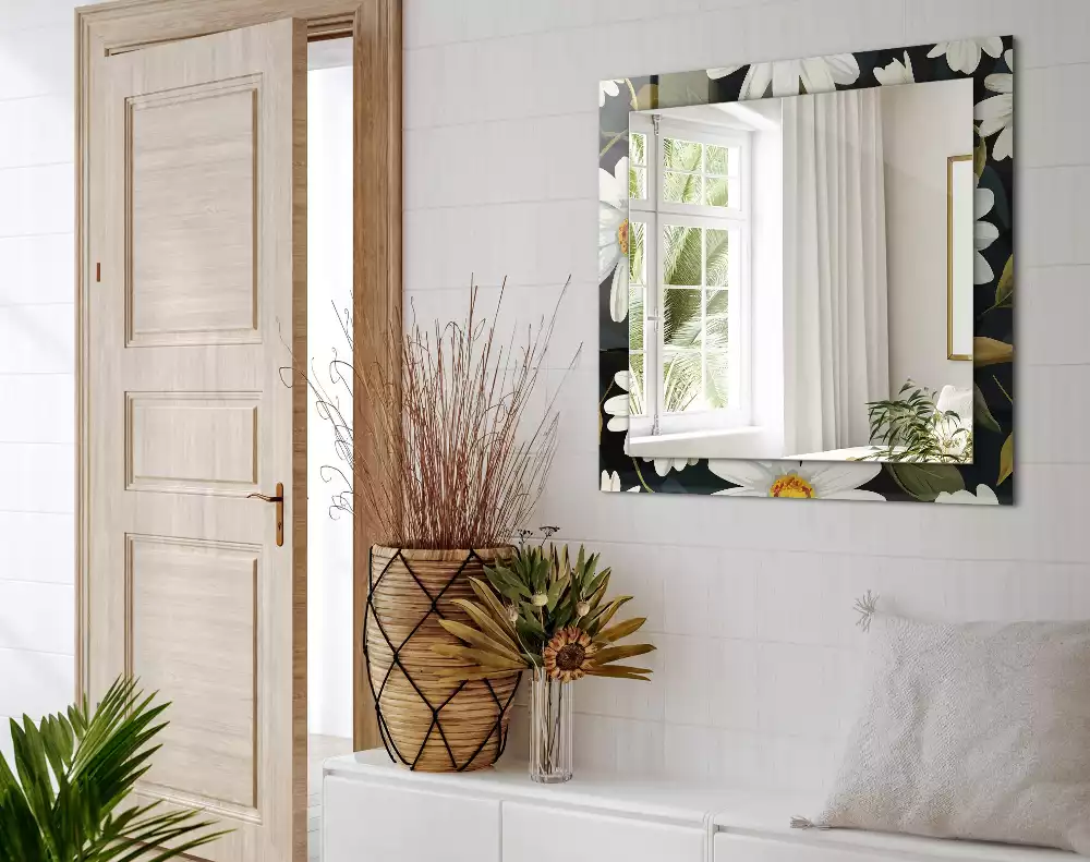 Miroir avec imprimé rectangulaire Marguerites blanches feuilles