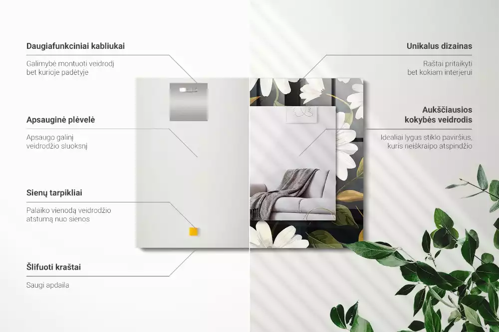 Miroir avec imprimé rectangulaire Marguerites blanches feuilles