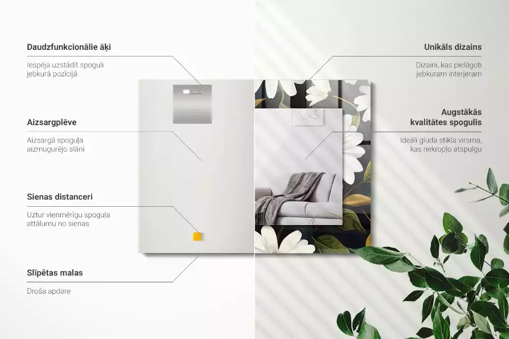 Miroir avec imprimé rectangulaire Marguerites blanches feuilles