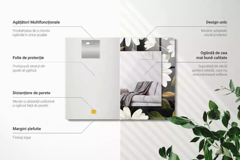 Miroir avec imprimé rectangulaire Marguerites blanches feuilles