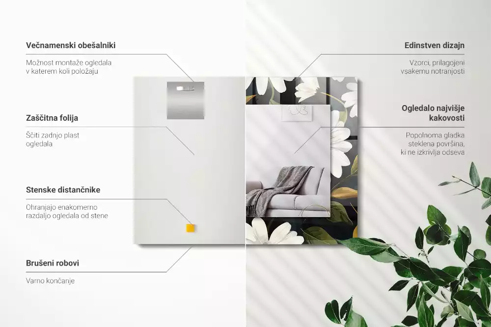 Miroir avec imprimé rectangulaire Marguerites blanches feuilles