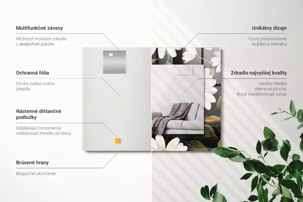 Miroir avec imprimé rectangulaire Marguerites blanches feuilles