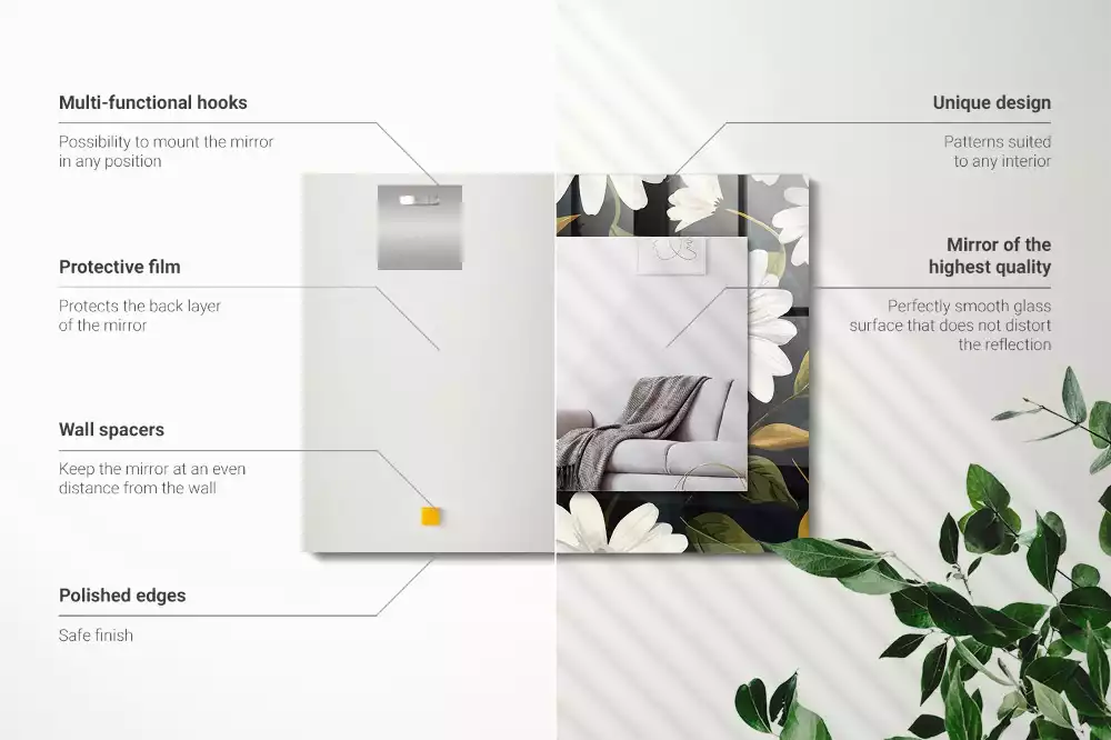 Miroir avec imprimé rectangulaire Marguerites blanches feuilles