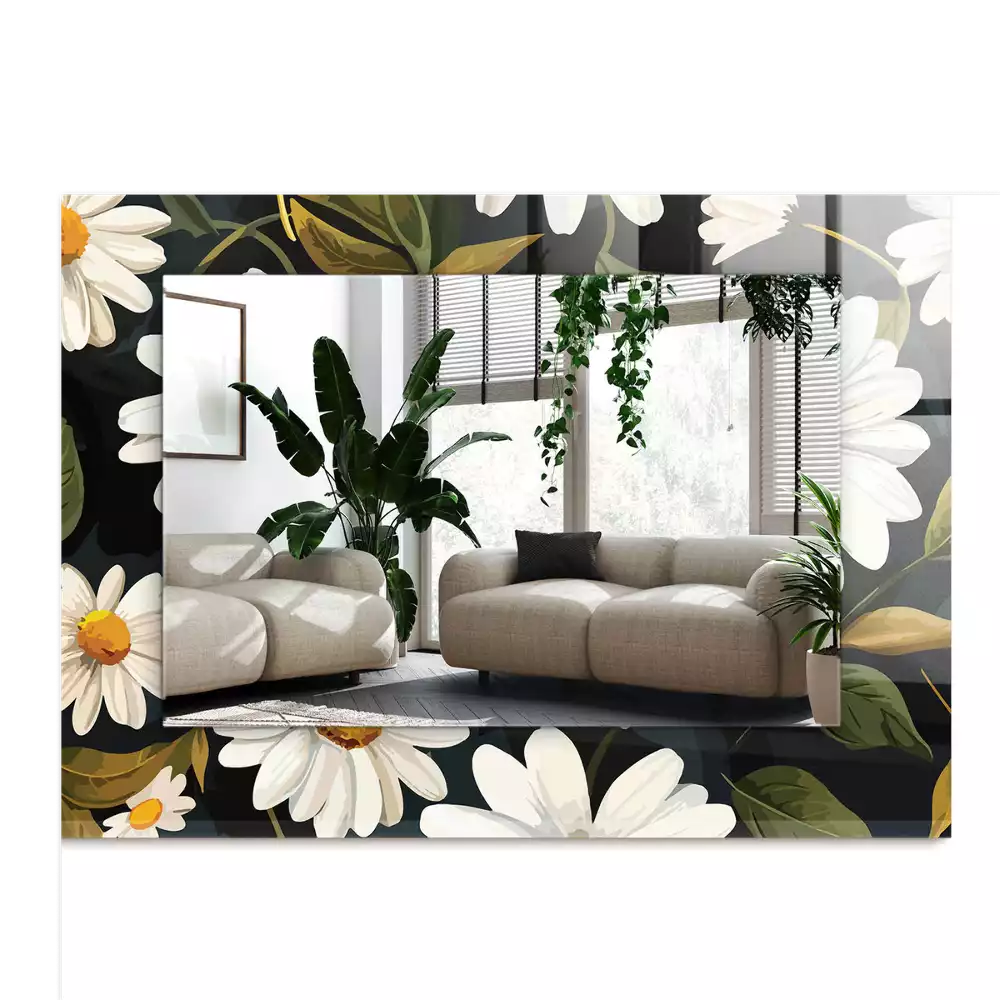 Miroir avec imprimé rectangulaire Marguerites blanches feuilles