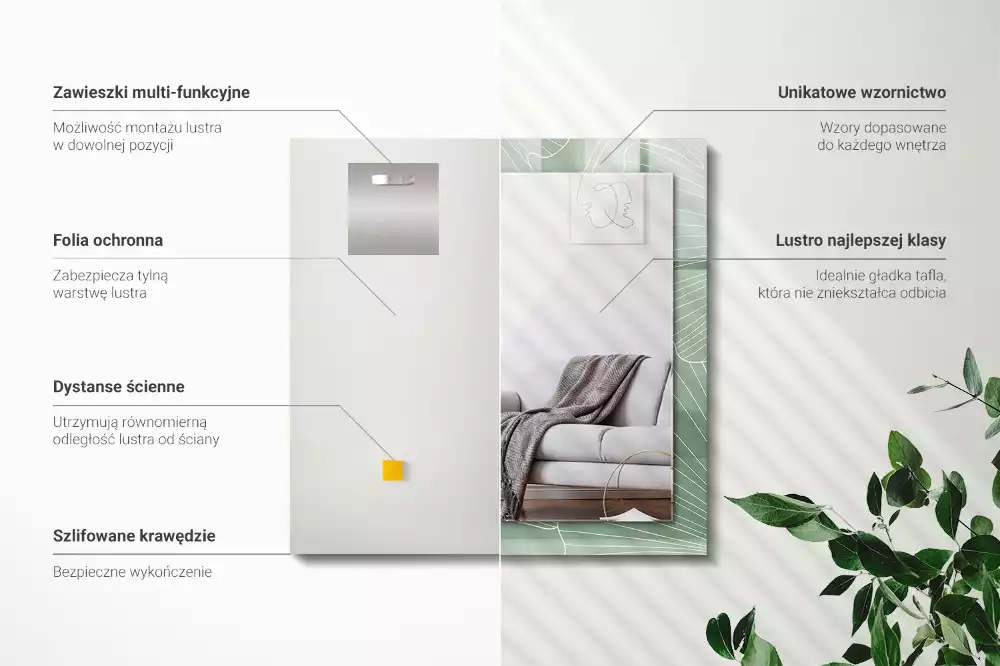 Miroir avec imprimé décoratif rectangulaire Feuilles de ginkgo