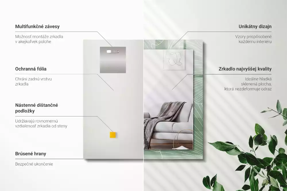 Miroir avec imprimé décoratif rectangulaire Feuilles de ginkgo