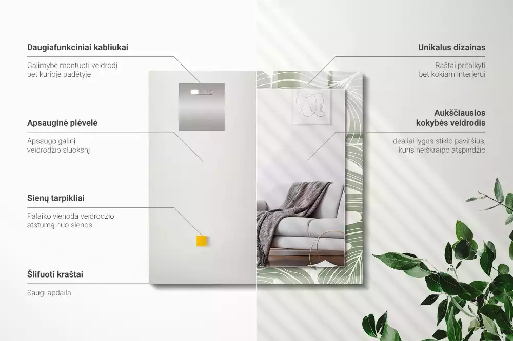 Miroir avec imprimé décoratif rectangulaire Feuilles de Monstera