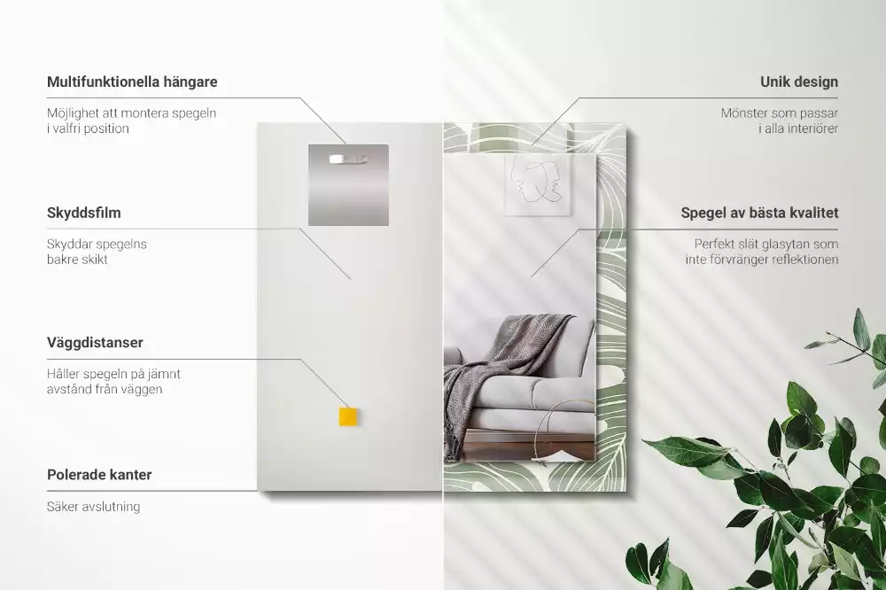 Miroir avec imprimé décoratif rectangulaire Feuilles de Monstera