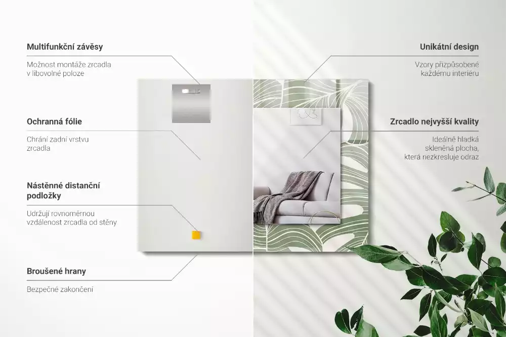 Miroir avec imprimé décoratif rectangulaire Feuilles de Monstera