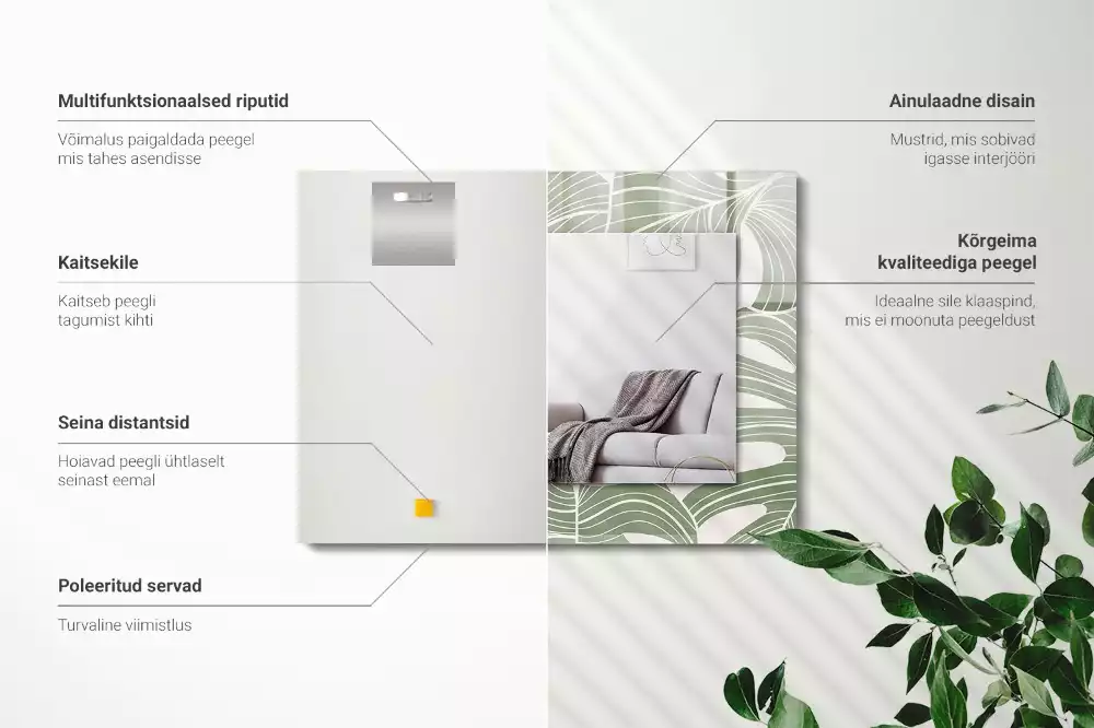 Miroir avec imprimé décoratif rectangulaire Feuilles de Monstera