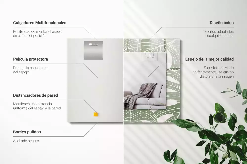 Miroir avec imprimé décoratif rectangulaire Feuilles de Monstera