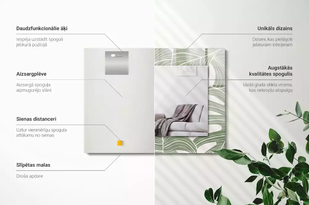 Miroir avec imprimé décoratif rectangulaire Feuilles de Monstera