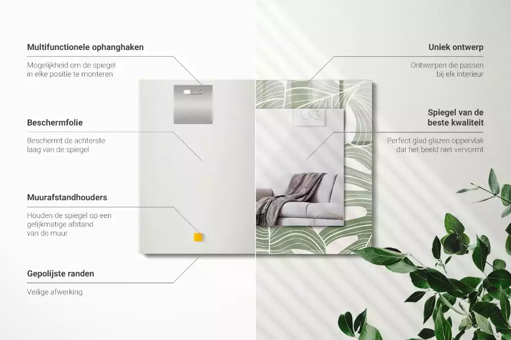 Miroir avec imprimé décoratif rectangulaire Feuilles de Monstera