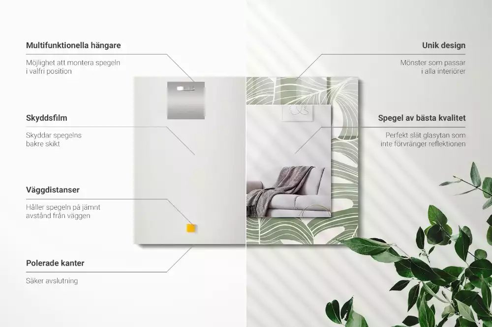 Miroir avec imprimé décoratif rectangulaire Feuilles de Monstera