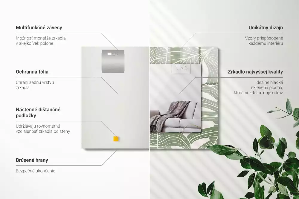 Miroir avec imprimé décoratif rectangulaire Feuilles de Monstera