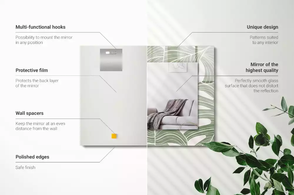 Miroir avec imprimé décoratif rectangulaire Feuilles de Monstera