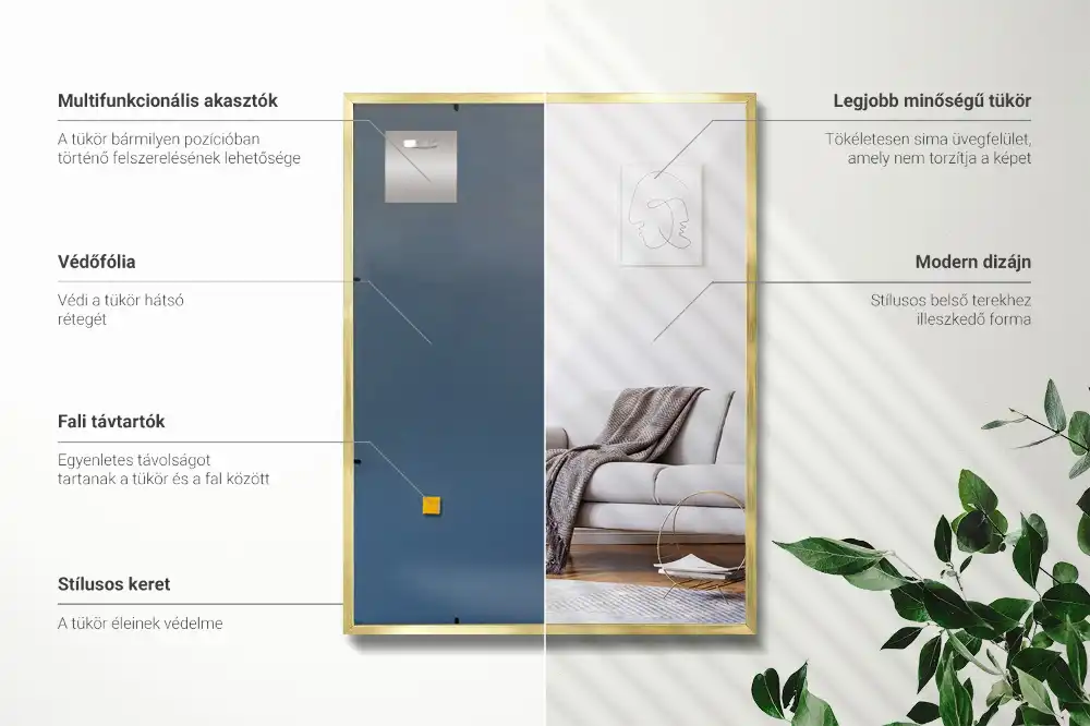 Miroir rectangulaire avec cadre doré mural