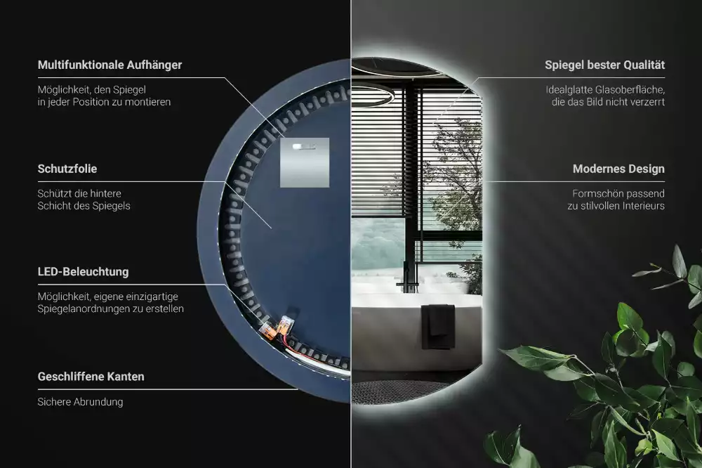 Miroir demi cercle accrocheur avec LED