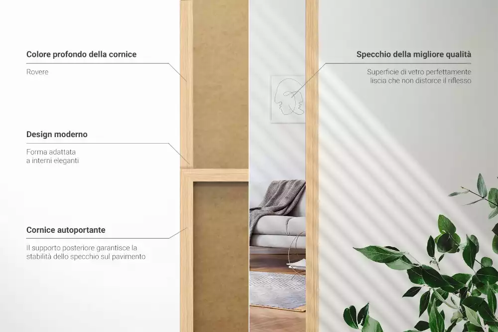 Miroir sur pied avec cadre en chêne