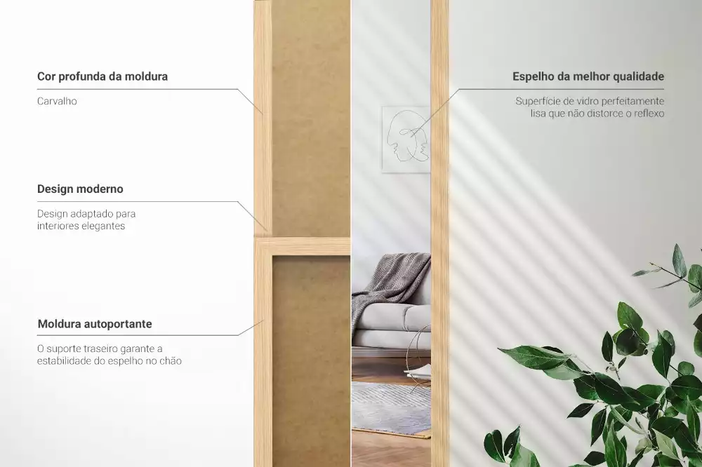 Miroir sur pied avec cadre en chêne