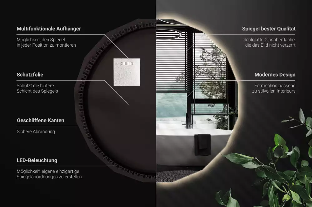 Miroir en forme de polygone avec éclairage LED