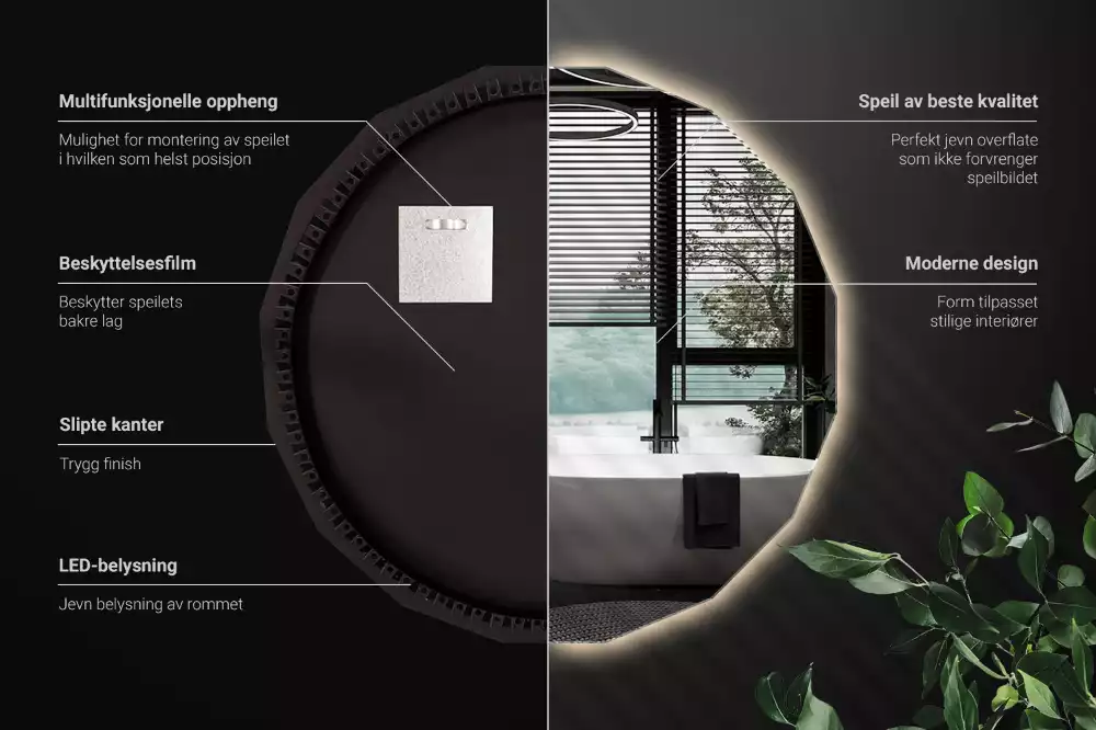 Miroir en forme de polygone avec éclairage LED