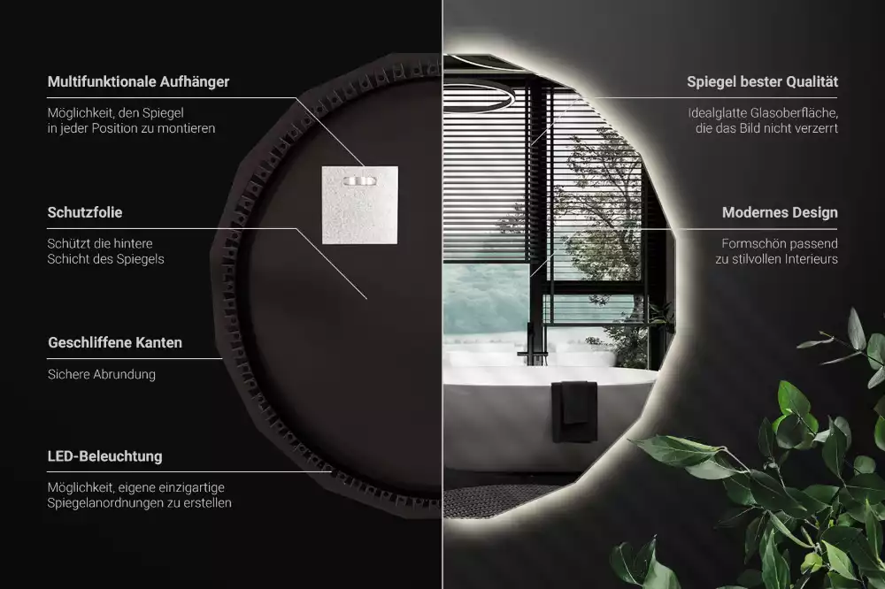 Miroir en forme de polygone avec éclairage LED